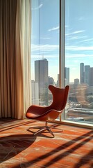 Aufkleber - A comfortable red armchair sits near a large window with a view of a modern cityscape.