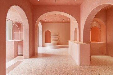Leinwandbilder - Peach-pink interior of a boutique with arches and terrazzo flooring, a minimalist design style