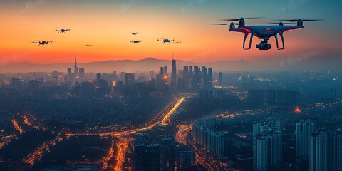Aufkleber - A drone flies over a cityscape at sunrise, with other drones in the background.
