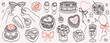 © Katsyarina - Collection of whimsical wedding, birthday party or valentines day line art illustrations. Vintage ink elements for logos, invitations, cards, greetings. Cakes, desserts, cocktails and wine drawings.