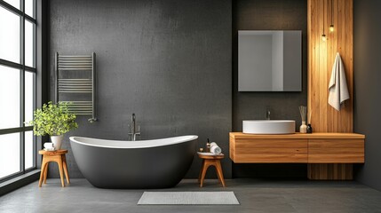 Wall Mural - The bathroom and toilet are always clean and organized. A modern bathroom featuring a sleek black bathtub, wooden vanity, stylish lighting, and plants, creating a serene and inviting atmosphere.