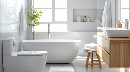 Wall Mural - The bathroom and toilet are always clean and organized. A modern, bright bathroom featuring a freestanding tub, minimalistic decor, wooden accents, and natural light streaming through large windows.