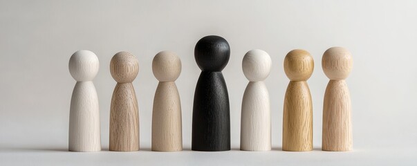 Diverse wooden figurines represent unity, individuality, and social inclusion in a minimalist design.