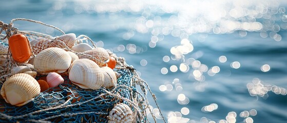 A close-up of a fishing net filled with various seashells, bathed in soft sunlight, with a sparkling ocean in the background, embodying coastal serenity.