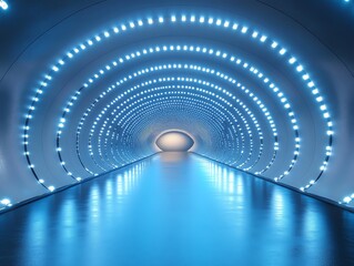 Poster - A futuristic tunnel with blue neon lights and a reflective floor.