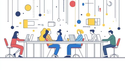Aufkleber - A group of people working together at a table in an office setting, with colorful abstract shapes hanging from the ceiling.