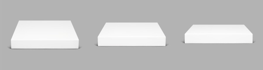 3d white podium. Square platform for product display. Blank block stage with shadow perspective mockup template. Gray realistic studio base for award or cosmetic presentation. Marble showroom floor.