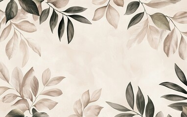 Wall Mural - Elegant botanical illustration with soft neutral tones and delicate leaves framing a light background, perfect for home decor and design