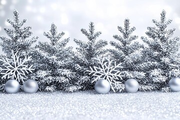 Wall Mural - hyper realistic photo of snowy trees with twinkling silver background and snowflakes , isolated on w