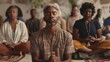 © Justlight - A group of diverse individuals ranging in age and background sit in a circle with their eyes closed deeply focused on a guided meditation session.