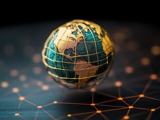 Fototapete - A miniature globe encased in a golden cage, levitating above a network of glowing orange lines on a black background.