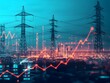 © Aodsy - Abstract night view of a cityscape with high-voltage electricity towers and fluctuating digital graphs showcasing data trends and energy consumption in a modern urban setting