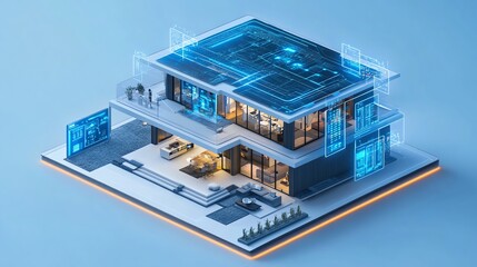 Fototapete - A modern, futuristic home with digital interfaces showcasing its smart home technology.