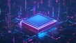 © Mix Creative - Futuristic semiconductor chip with glowing neon blue light effects, floating in a high-tech digital environment, surrounded by circuit board patterns and flowing data streams, sleek and modern design