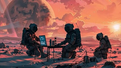 Canvas Print - group of astronauts are sitting at a table on a planet. the scene is set in a space-like environment