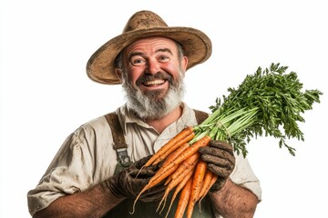 Wall Mural - Smiling farmer holds fresh carrots.