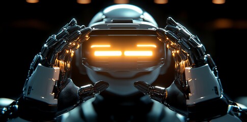 Poster - A robotic humanoid wearing a VR headset with glowing lights, looking forward.