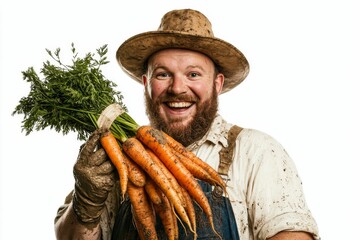 Wall Mural - Muddy farmer holding fresh carrots.