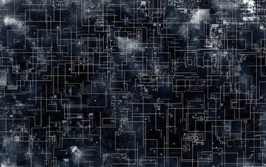 abstract digital background with interconnected lines and shapes in black and white ideal for techno