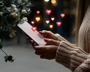 A woman is holding a cell phone and looking at a screen with hearts on it