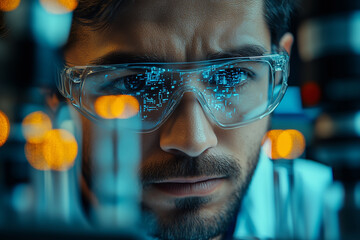 Aufkleber - Curious male engineer studying intricate electronics in a dimly lit lab