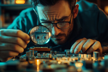 Poster - Focused engineer meticulously assembling a circuit board in a workshop