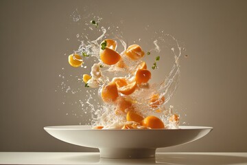 Canvas Print - Oranges Splashing into White Bowl with Water