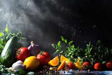 Canvas Print - Fresh Produce with Sunlight and Steam on a Dark Background