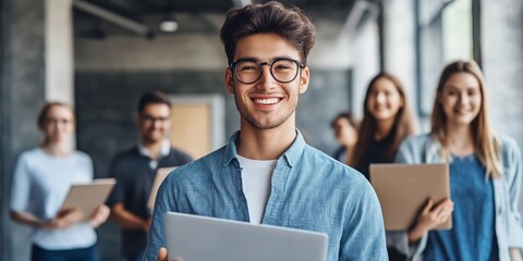 Poster - A group of young professionals dedicated to engaging in effective business collaboration does so through shared goals and ideas, aiming to inspire creativity and innovative solutions in the workplace