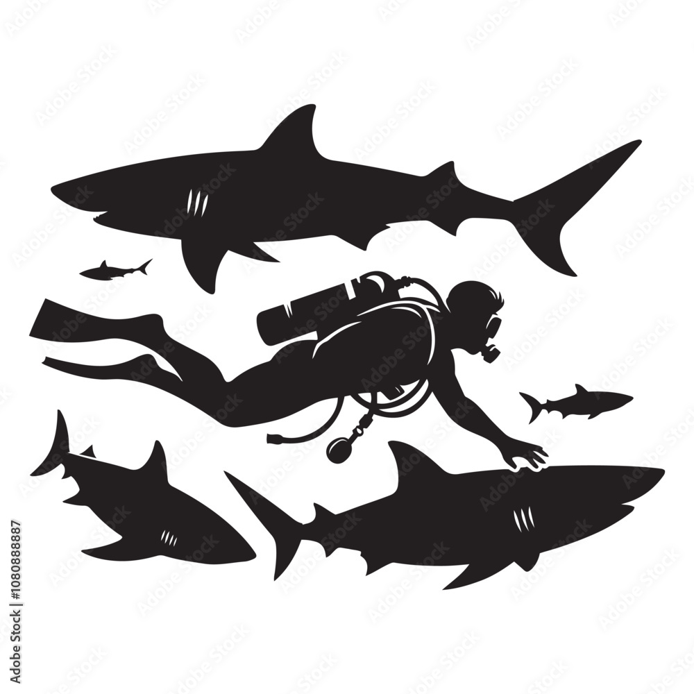 Diver Swimming With Sharks Vector Silhouette Art Black Color Design And 