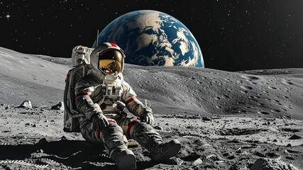 Wall Mural - man in a space suit is sitting on the moon. the image is a creative representation of a space scene