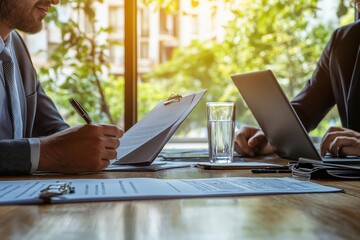 Poster - In a modern office, professionals hold a meeting to collaborate and communicate on strategies and innovations, utilizing analytics and the latest technology to achieve their goals