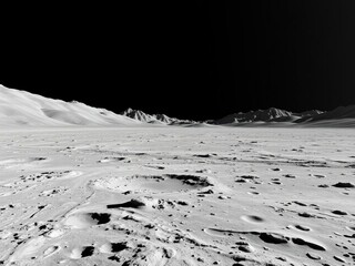 Wall Mural - a serene lunar landscape with a vast, cratered expanse and a few silvery mountains in the distance, 