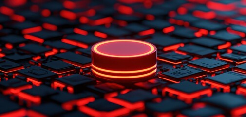 Aufkleber - Assistant search engine concept. A close-up view of a glowing red button on a dark, illuminated keyboard, highlighting the contrast between the vibrant color and the sleek design.