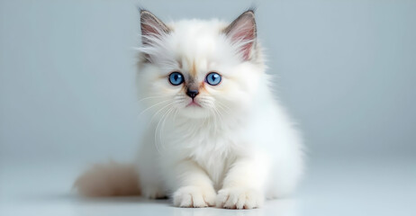 Wall Mural - Playful white kitten with blue eyes studio setting portrait minimalist background adorable concept