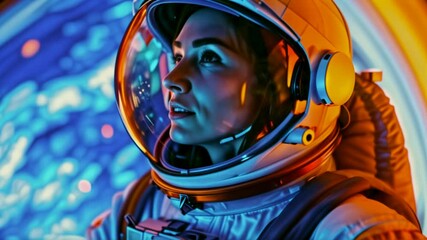 female astronaut gazes out of a spacecraft window at earth, her face illuminated by warm, golden lig