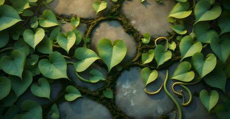 Poster - Lush green heart-shaped leaves natural setting macro photography serene environment close-up view growth concept