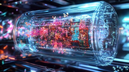 Poster - Complex data structures are generating inside a transparent cylindrical quantum computing core, showcasing the power and intricacy of advanced computational technology