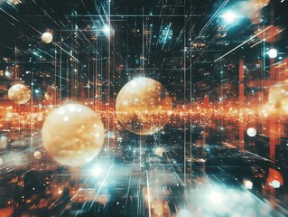 Leinwandbilder - Abstract digital background with glowing spheres and light trails.
