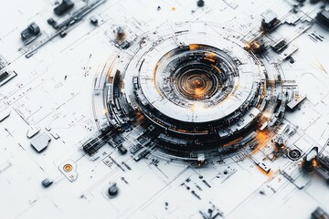 Poster - Abstract futuristic technology background with circular design and glowing orange elements.