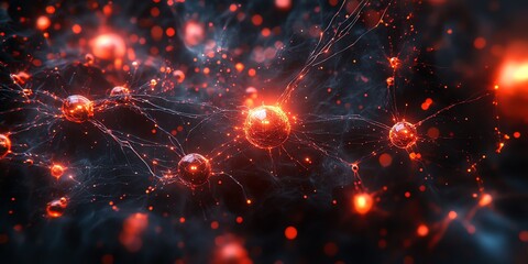 Aufkleber - Abstract network of glowing red spheres connected by thin lines with bokeh effect in a dark background.