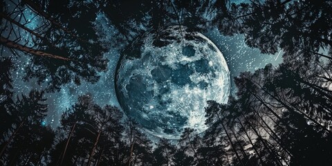 Wall Mural - Silhouette Moon. Surreal Night Sky in Dark Forest with Moonlit Trees