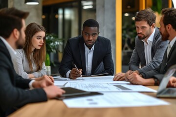 Poster - In a dynamic business meeting, diverse professionals collaborate effectively towards shared objectives, fostering innovation and enhancing creativity and productivity in the workplace