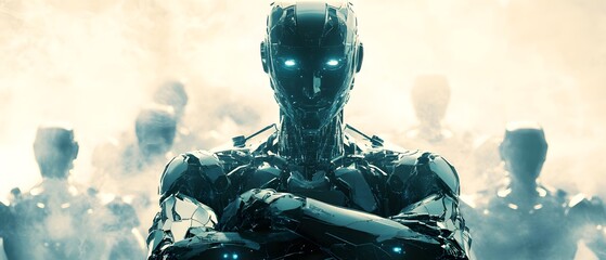 Poster - Futuristic humanoid robot standing confidently in a misty environment with glowing blue eyes, surrounded by other robotic figures, showcasing advanced technology and artificial intelligence.