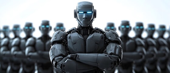 Poster - Futuristic robotic figures standing in formation, showcasing advanced technology and design with glowing blue eyes, symbolizing power and innovation in artificial intelligence.