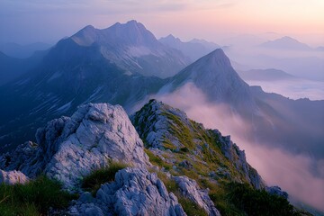 Wall Mural - Majestic mountain landscape at dawn with mist and rocky foreground