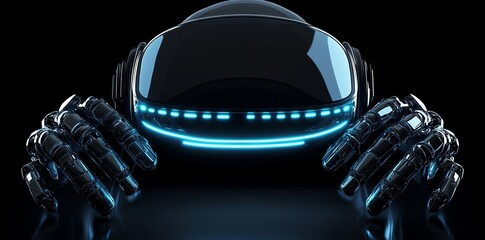 Fototapete - Close-up of a futuristic robot with glowing blue lights and metallic arms.