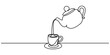 © Line emotion - Teapot and tea cup vector one line continuous drawing illustration. Pouring drink. Hand drawn linear silhouette icon. Minimal outline design element for print, banner, card, brochure. Pro vector icon.