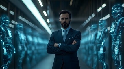 Fototapete - Businessman in Modern Laboratory Surrounded by Futuristic Robots, Representing Innovation, Technology, and Human-Robot Interaction in a High-Tech Environment