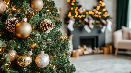 Wall Mural - Cozy Christmas setting with a tree adorned in gold ornaments and a warm, glowing fireplace.